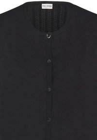 Cardigan noir en tricot avec encolure ronde, boutonné devant et étiquette Pulz Jeans à l'intérieur du col.