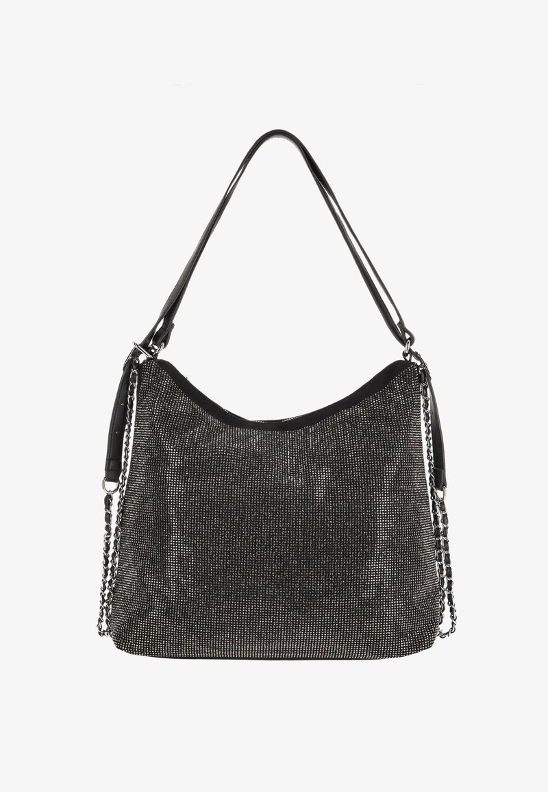 Zwarte handtas met een gestructureerde afwerking, bedekt met metalen versieringen. Voorzien van een enkele schouderriem en kettinkdetails.
