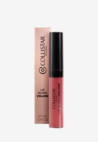 Collistar Lip Gloss Volume, 7 ml, har en klar tube med en sort hætte. Glansen er en blød rosa nuance, kompletteret af roseguld emballage.