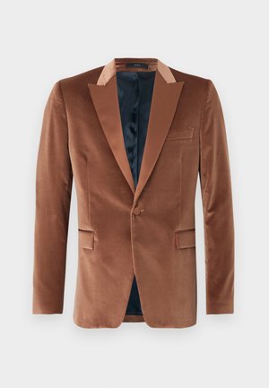 Brūns samta žakete ar satīna šallu atloku, vienu pogu aizdari, divām priekšējām kabatām un zilu zīda oderi.