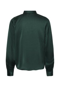 Dark green satin shirt with a collar, long sleeves, and buttoned cuffs. Smooth texture and a clean, minimalist design. Back view displayed.