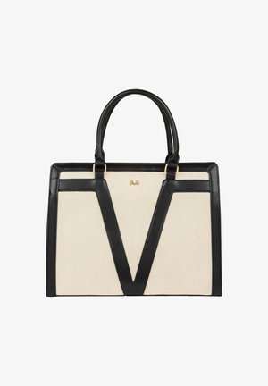 Schwarze und cremefarbene Handtasche mit einem klar strukturierten Design, das eine markante V-Form und glatte Lederakzente aufweist. Goldene Beschläge in der Mitte.