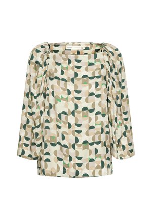 Hosszú ujjú felső, négyzet alakú nyakkivágással, zöld, bézs és krém színű geometrikus mintával. Sima anyagból készült, ráncolt részletekkel.