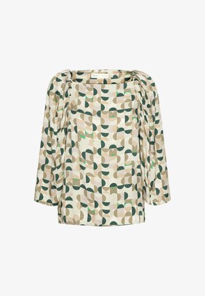 Dlhý rukáv s hranatým výstrihom, s geometrickým vzorom v zelenej, béžovej a krémovej farbe. Vyrobené z hladkej tkaniny s riasením.