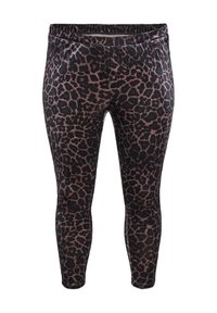 Zwarte leggings met een roze luipaardprintpatroon, voorzien van een elastische tailleband en een zachte textuur. Volledige lengte.