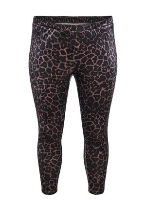 Zwarte leggings met een roze luipaardprintpatroon, voorzien van een elastische tailleband en een zachte textuur. Volledige lengte.