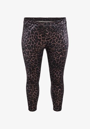Leggings negras con un estampado de leopardo rosa, que cuentan con una cintura elástica y una textura suave. Ajuste de longitud completa.
