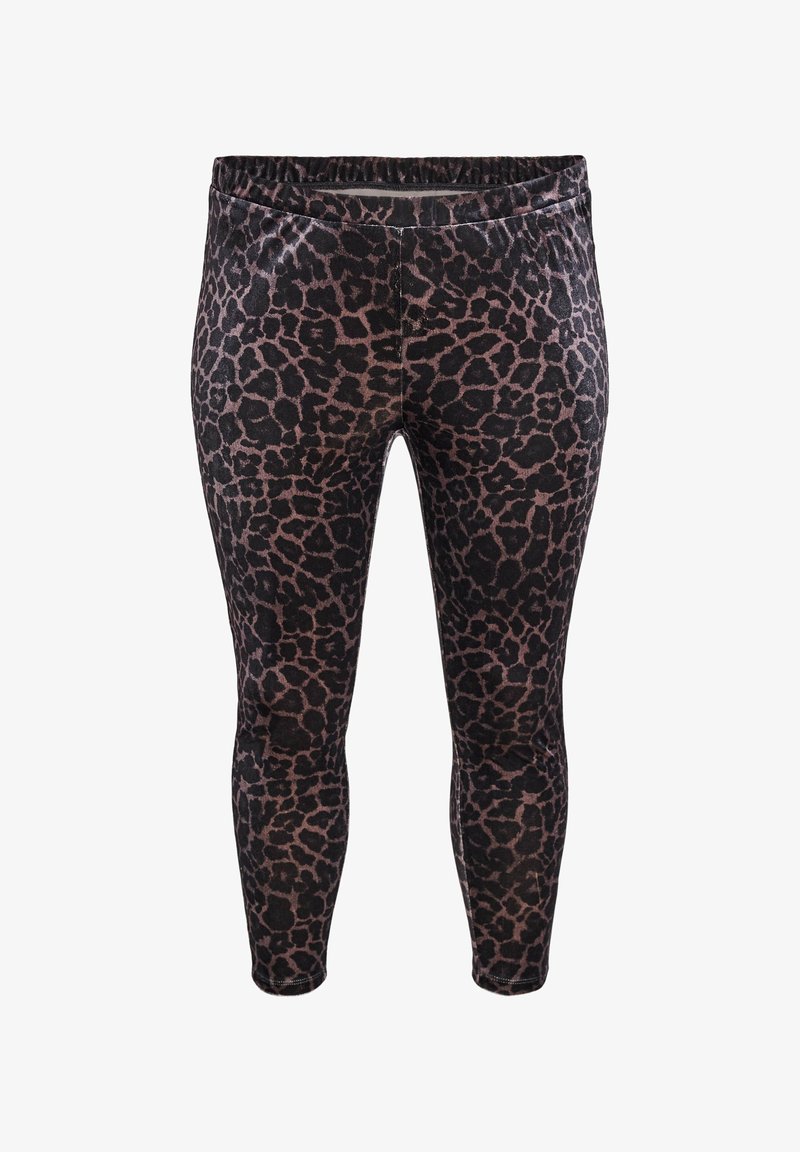 Crne tajice s ružičastim uzorkom leopard print, s elastičnom pasicom i mekanom teksturom. Punog su kroja.