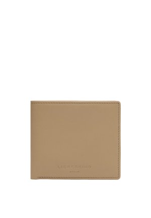 Beżowy skórzany portfel składany w dwie części z widocznym przeszyciem i tłoczonym logo "LIEBESKIND BERLIN" na środku przedniej strony.