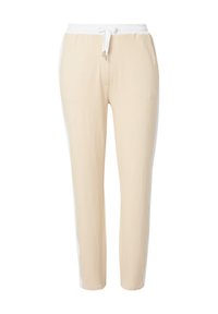 Béžové teplákové kalhoty s bílým elastickým pasem a šňůrkou. Mají bílé boční pruhy a hladkou texturu.