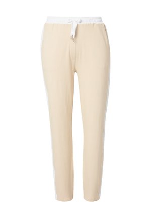 Pantaloni jogger beige con una vita elastica bianca e cordoncino. Presentano strisce laterali bianche e una texture liscia.