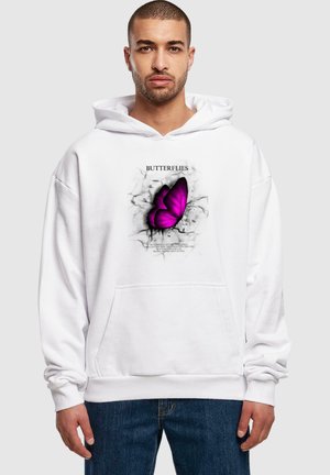 White hoodie with a front design featuring a large purple butterfly and the word "BUTTERFLIES." Includes a kangaroo pocket and ribbed cuffs.