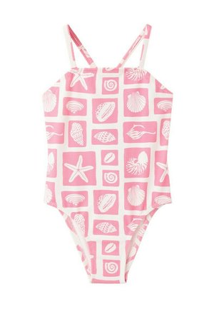 Dievčenské ružovo-biele jednodielne plavky s tenkými ramienkami, so vzorom rôznych bielych mušlí a hviezdic v ružových štvorcoch.