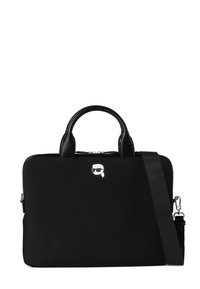 Geantă pentru laptop de culoare neagră, confecționată dintr-un material moale, cu închidere cu fermoar, două mânere și o curea de umăr ajustabilă. Accent cu logo argintiu pe partea din față.