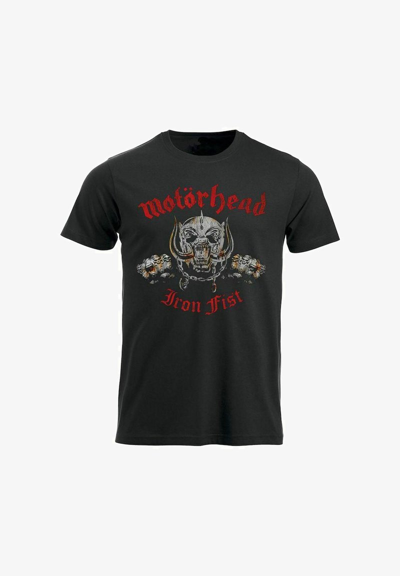 Černé bavlněné tričko s kulatým výstřihem, na kterém je grafický design lebky s rohy a řetězy, s červeným textem "Motörhead" a "Iron Fist".