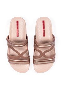 Brown slide sandals with dual elastic straps and textured sole. Made of synthetic material, featuring a shiny finish and a padded footbed.