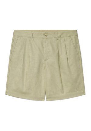 Hellbeige maßgeschneiderte Shorts mit vorderen Falten, Seitentaschen, Gürtelschlaufen und Knopfverschluss am Bund.