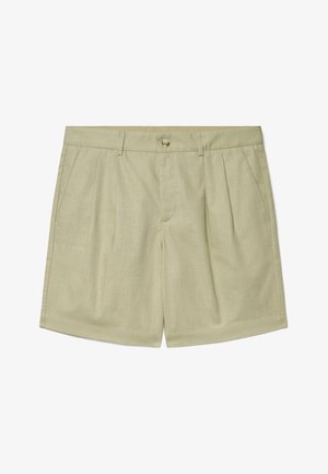 Hellbeige maßgeschneiderte Shorts mit vorderen Falten, Seitentaschen, Gürtelschlaufen und Knopfverschluss am Bund.