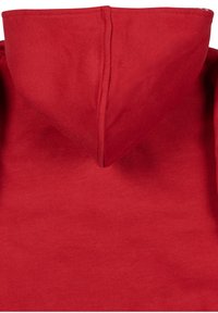 Felpa rossa con cappuccio caratterizzata da un tessuto morbido e strutturato, una tasca a marsupio sul davanti e un ampio cappuccio con un dettaglio di cucitura centrale.