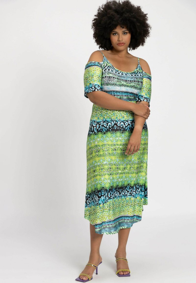Vestido De Jersey Estampado Floral Ulla Popken - Manga Larga, Ajustable En Cintura, Cuello En V