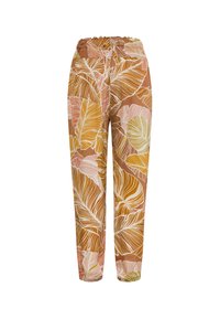 Luźne spodnie z elastycznym pasem i ściągaczami, z tropikalnym wzorem liści w odcieniach brązu, różu, żółci i bieli.