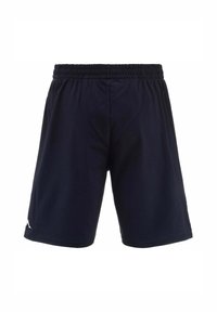 Shorts sportivi di colore blu navy realizzati in tessuto leggero, dotati di una cintura elastica e di un piccolo logo sul lato sinistro in basso.