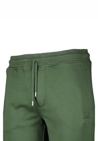 Grüne Baumwoll-Sweatpants mit einem Kordelzugbund, seitlichen Taschen und einem Logo-Detail am linken Bein. Glatte Textur, lockere Passform.