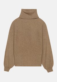 Pull en maille côtelée marron, avec une coupe décontractée et des manches longues légèrement bouffantes. Texture douce et design avec un col haut.