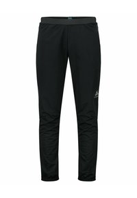 Schwarze Outdoor-Hosen mit schmalem Schnitt, elastischem Bund und Reißverschluss an den Säumen. Hergestellt aus leichtem, wasserabweisendem Material. Logo an der Seite.