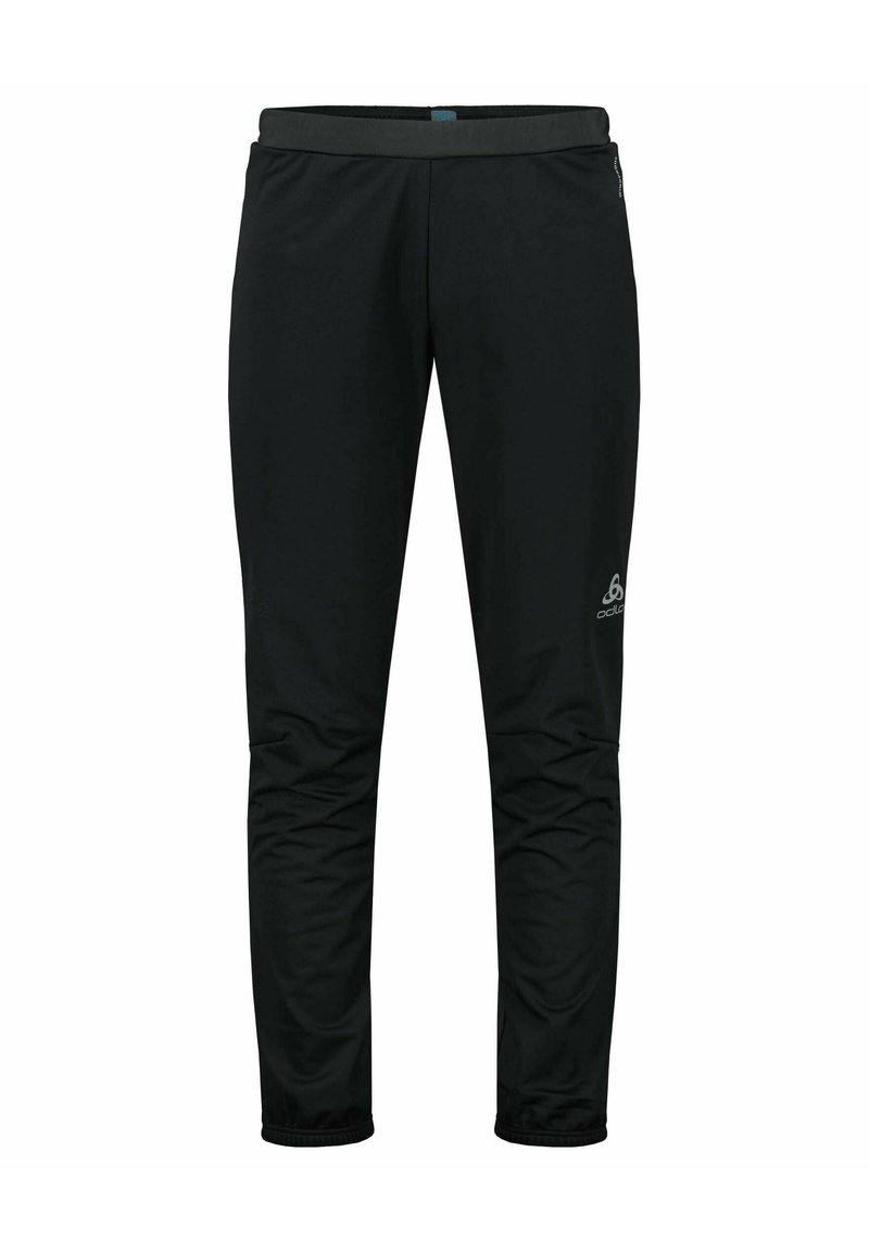 Schwarze Outdoor-Hosen mit schmalem Schnitt, elastischem Bund und Reißverschluss an den Säumen. Hergestellt aus leichtem, wasserabweisendem Material. Logo an der Seite.