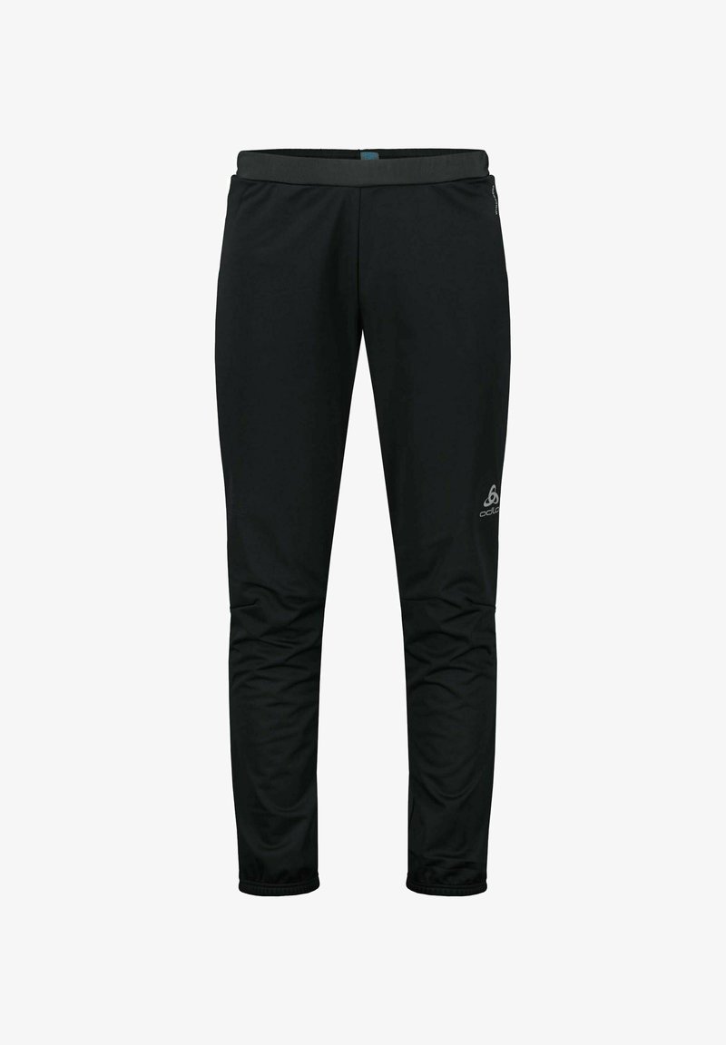 Schwarze Outdoor-Hosen mit schmalem Schnitt, elastischem Bund und Reißverschluss an den Säumen. Hergestellt aus leichtem, wasserabweisendem Material. Logo an der Seite.