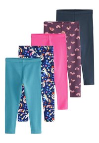 Viisi paria lasten leggings: teal, vaaleanpunainen, tummansininen yksisarvisten ja tähtien kuvioilla, syvä vaaleanpunainen sateenkaariprinteillä, tumma tummansininen. Venyvää kangasta.