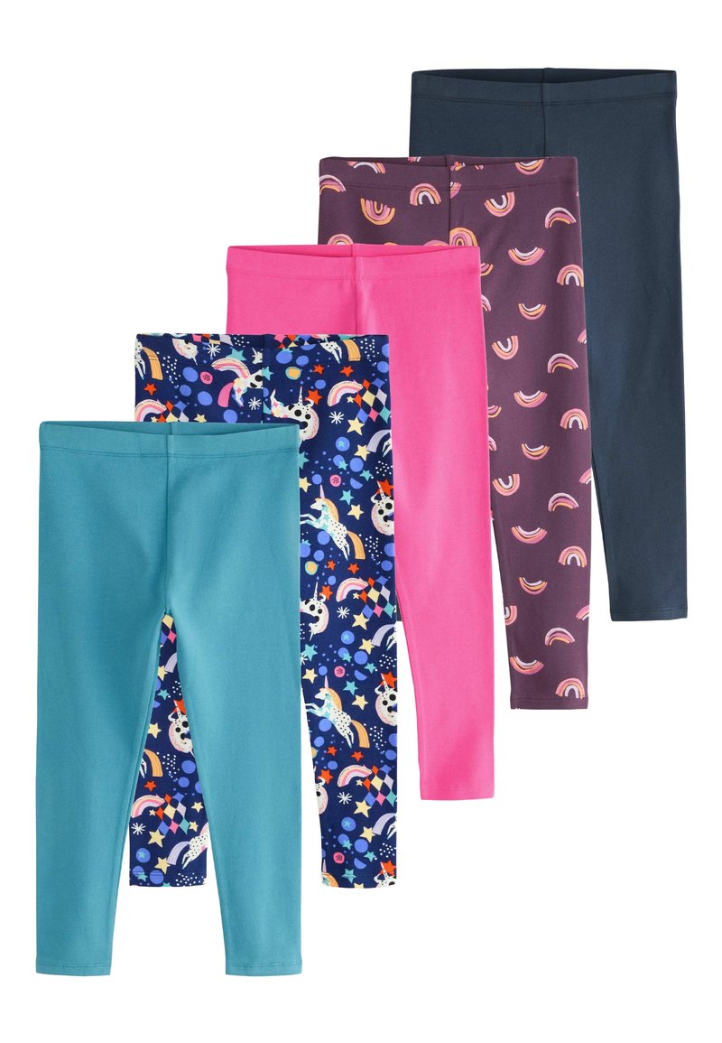 Viisi paria lasten leggings: teal, vaaleanpunainen, tummansininen yksisarvisten ja tähtien kuvioilla, syvä vaaleanpunainen sateenkaariprinteillä, tumma tummansininen. Venyvää kangasta.