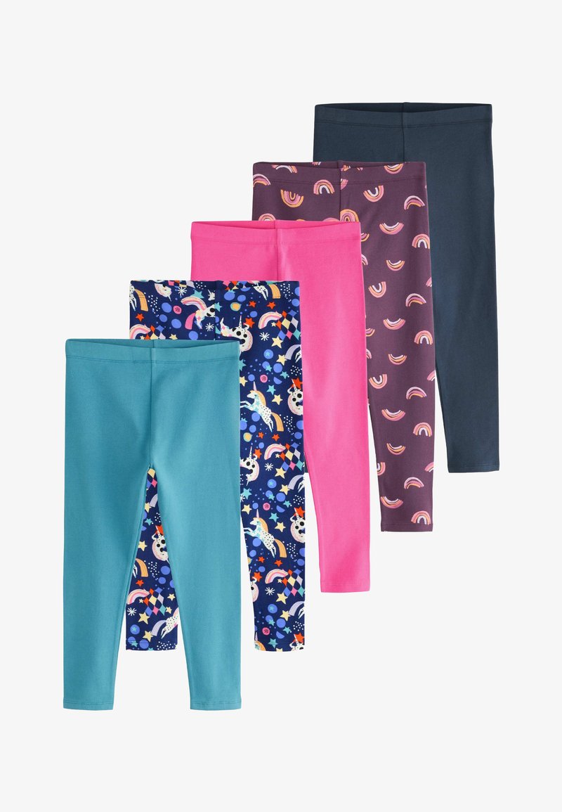 Fünf Paare Kinderleggings in einfarbigem Blaugrün, Marineblau, Rosa, Lila mit Regenbogen und mehrfarbigem Einhornmuster.