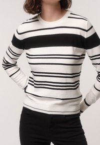 Černobílý pruhovaný svetr z měkké látky, má dlouhé rukávy, kulatý výstřih a přiléhavý pas. Kombinován s černými kalhotami.