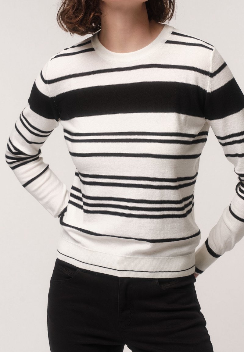 Černobílý pruhovaný svetr z měkké látky, má dlouhé rukávy, kulatý výstřih a přiléhavý pas. Kombinován s černými kalhotami.