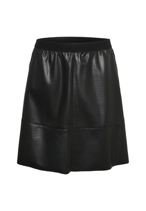 Falda de cuero negra con una textura suave, una cintura elástica y una silueta acampanada. Presenta acentos de costura horizontal cerca del dobladillo.