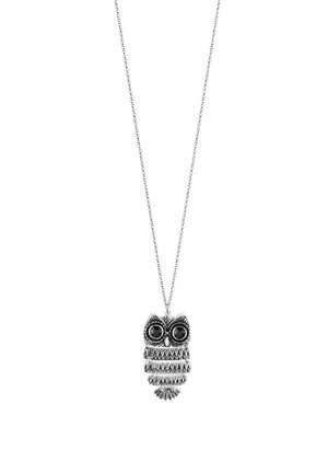 Silbernes Eulenanhänger-Halsband mit schwarzen Edelsteinen als Augen und filigranen Federdetails. Anhängend an einer feinen, strukturierten Kette.