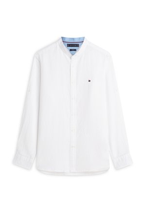 White long-sleeve button-up shirt with a band collar, small embroidered logo on the chest, and light blue inner collar lining.
