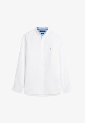 White long-sleeve button-up shirt with a band collar, small embroidered logo on the chest, and light blue inner collar lining.