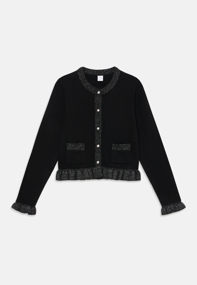 Black cropped cardigan with silver accents. Features a rounded neckline, button closure, two front pockets, and ruffled edges. Soft texture.