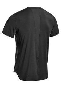 Black athletic t-shirt featuring short sleeves, a smooth texture, a curved hem, and a mesh panel detailing on the back for breathability.