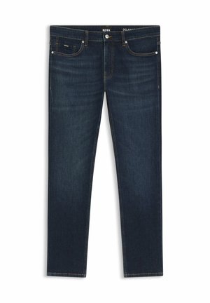 Dark blue denim jeans with a slim fit. Features include five pockets, orange stitching, and a small logo tag on the front.