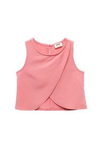 Rosa ärmlös topp i mjukt tyg, med en asymmetrisk design fram och en dragkedja bak. Enkel, slät textur.
