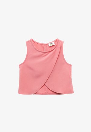 Pink sleeveless top in soft fabric, featuring an asymmetrical front design and a rear zipper closure. Simple, smooth texture.