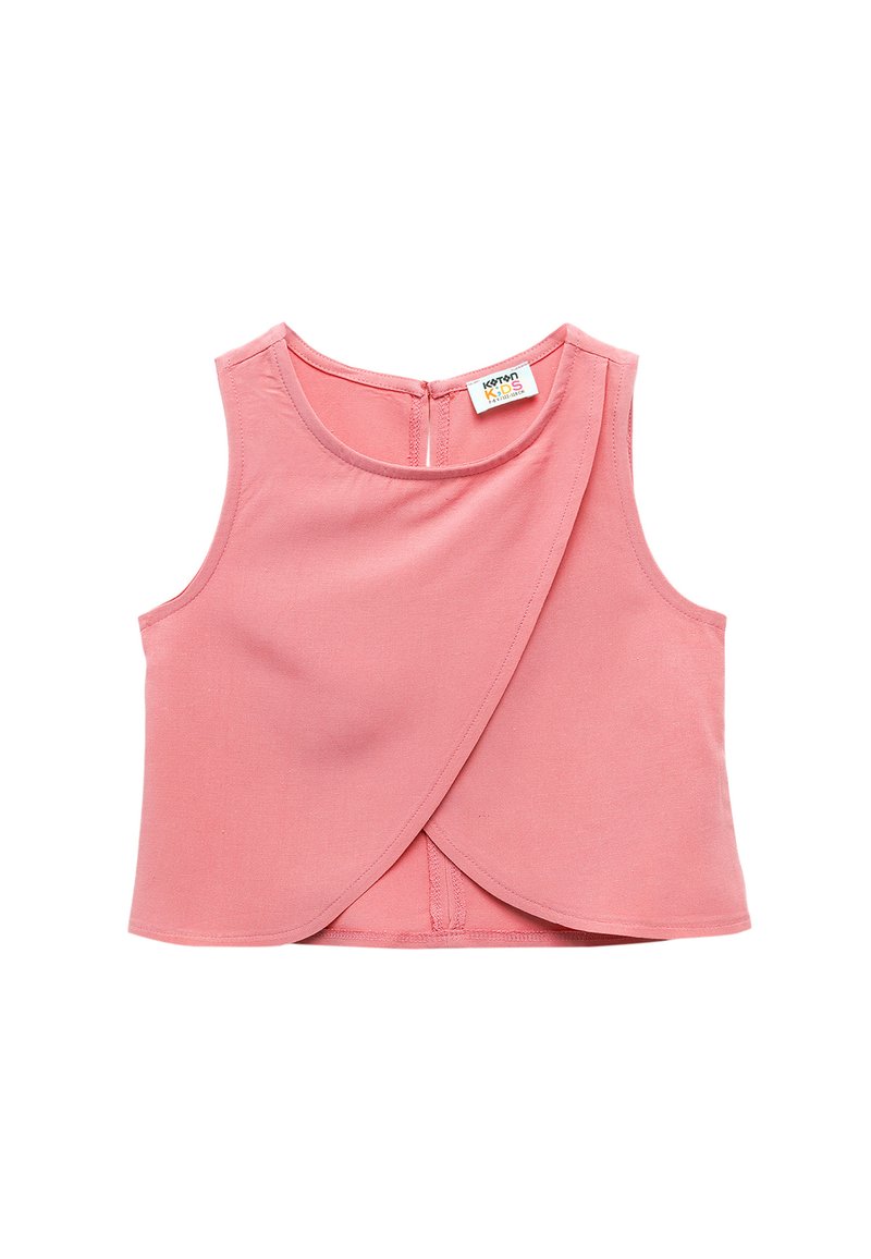 Rosa ärmlös topp i mjukt tyg, med en asymmetrisk design fram och en dragkedja bak. Enkel, slät textur.