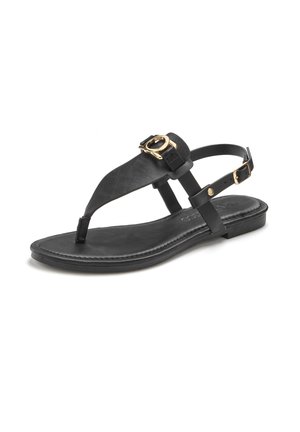 Black leather thong sandal with gold-tone buckle and adjustable ankle strap, flat sole, and minimalist design.
