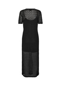 Abito in pizzo nero con maniche corte, caratterizzato da un motivo zigzag, scollatura rotonda e una silhouette lunga e fluida. Tessuto semi-trasparente.