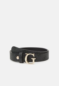 Zwarte leren riem met een textuurdesign en een gouden logo gesp. De gesp heeft een prominente "G" en bevat een bijpassende lus.