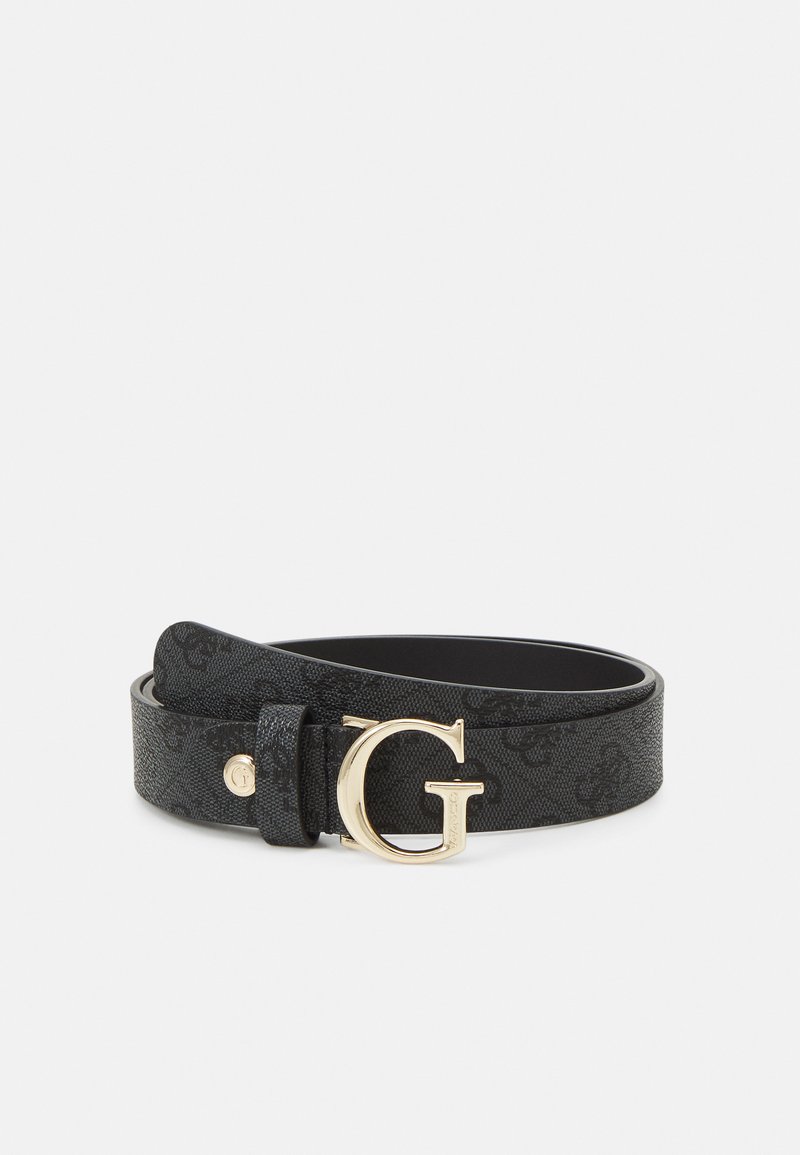 Zwarte leren riem met een textuurdesign en een gouden logo gesp. De gesp heeft een prominente "G" en bevat een bijpassende lus.